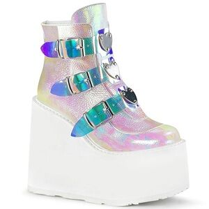Demonia Iridescent Holographic Platform Ankle Boots with Heart Buckles